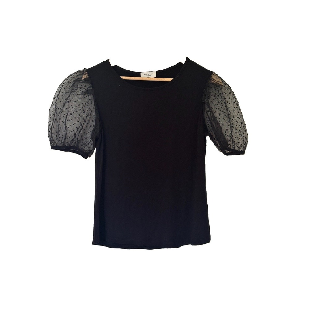 Kim & Cami Black Top With Sheer Balloon Sleeves Black Women's Size Medium